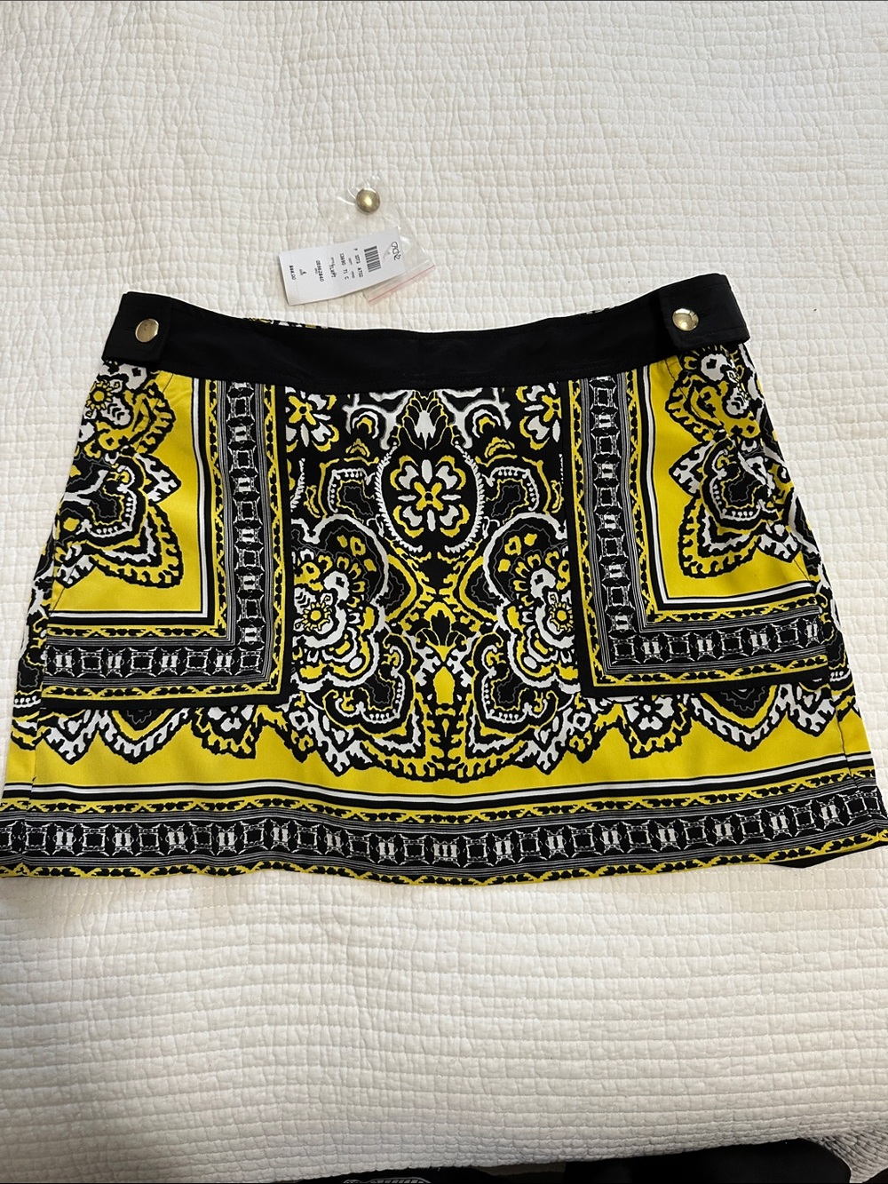 Yellow Patterned Mini Skirt with Black Waistband